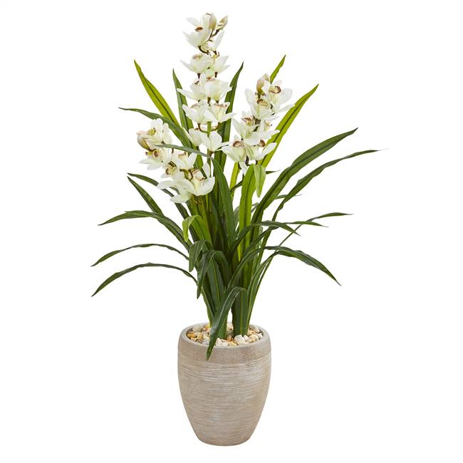 4’ Cymbidium Orchid Artificial Plant in Sandstone Planter