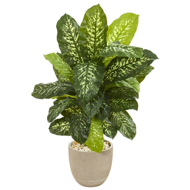 4’ Dieffenbachia Artificial Plant in Sandstone Planter (Real Touch)