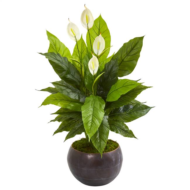 44” Spathiphyllum Artificial Plant in Metal Bowl (Real Touch)