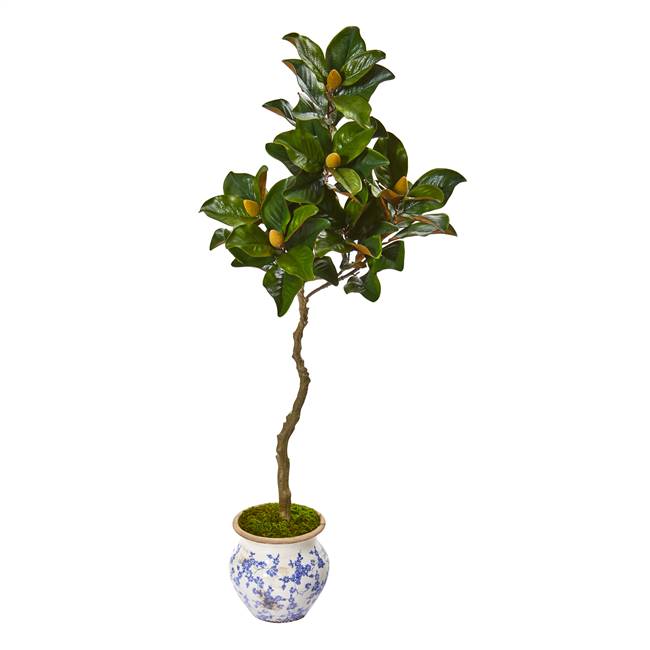 57” Magnolia Artificial Tree in Vintage Floral Planter