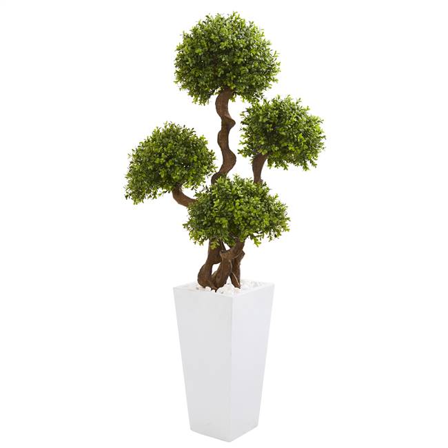 55” Four Ball Boxwood Artificial Topiary Tree in Tall White Planter