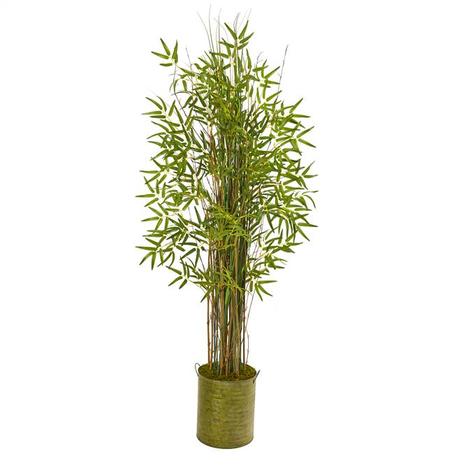 53” Bamboo Grass Artificial Plant in Green Metal Planter