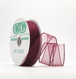 Ribbon #9 Sheer Spring Burgundy Wired Edge 50Y