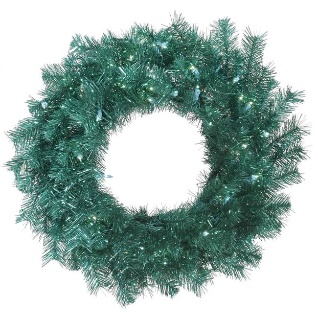 36" Aqua Tinsel Wreath 100Blue LED