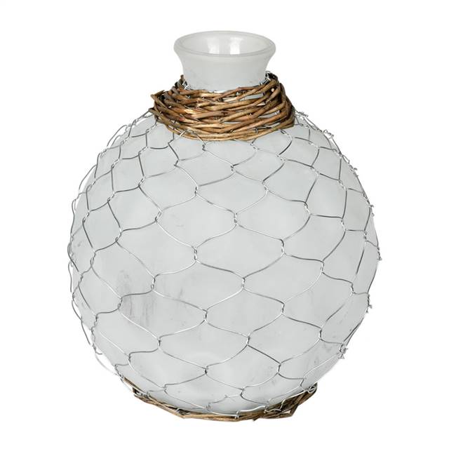 7.5" Frosted Glass Vase Chicken Wire