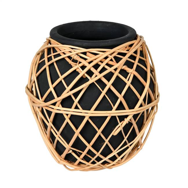 9" Charcoal Terracotta Vase with Wicker