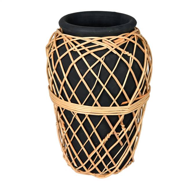 15" Charcoal Terracotta Vase with Wicker