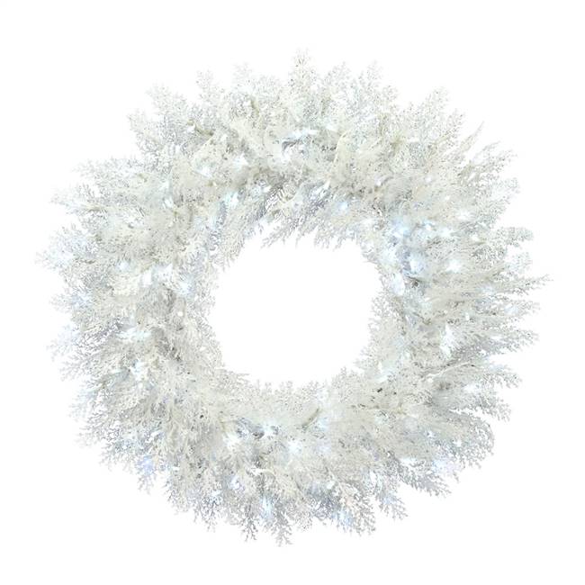 36" Flocked Cedar Wreath 3mm 300PureWht