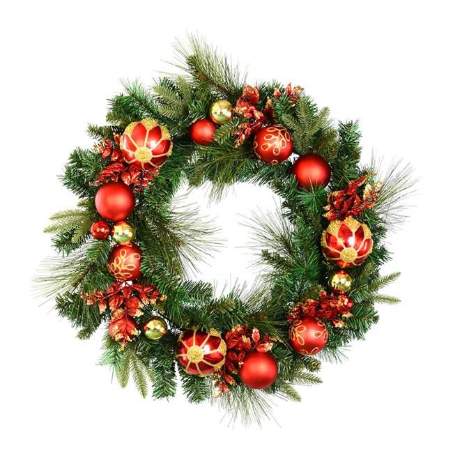 30" Mixed Green Wreath Red-Gold Decor