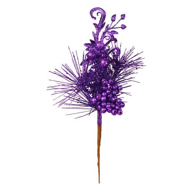 10" Purple Berry Glitter Leaf Pick 12/Bg