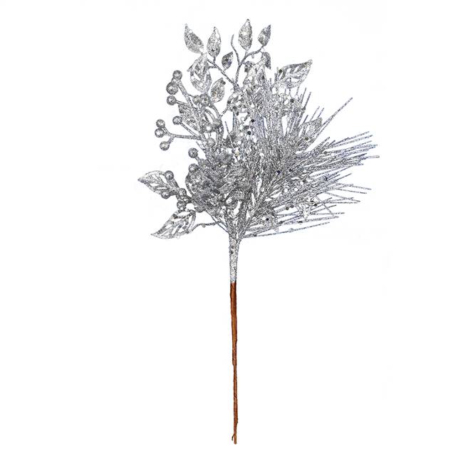 10" Silver Pinecone Glitt Lf Pick 12/Bg