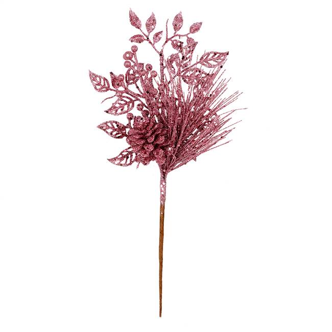 10" Pink Pinecone Glitt Leaf Pick 12/Bg