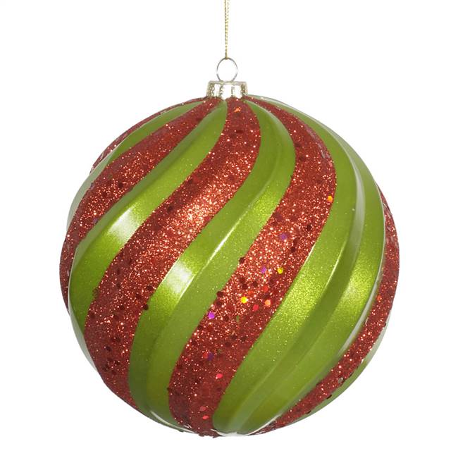 6" Lime-Red Matte-Glitter Swirl Ball