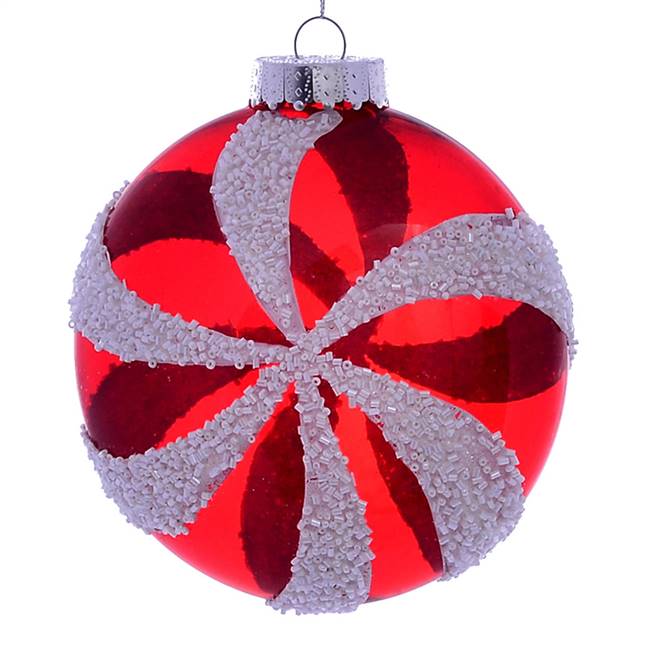 6" Red White Swirl Round Ornament 2/Bg