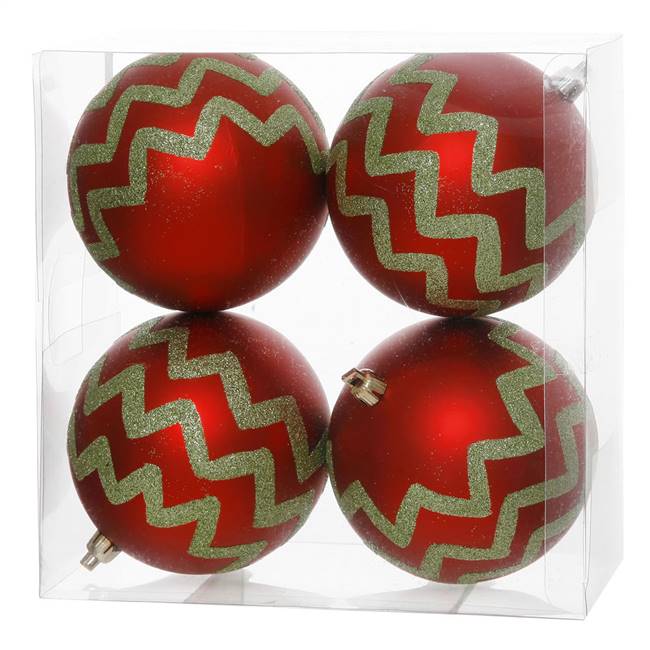 4.7" Red-Lime Chevron Glitter Ball 4/Box