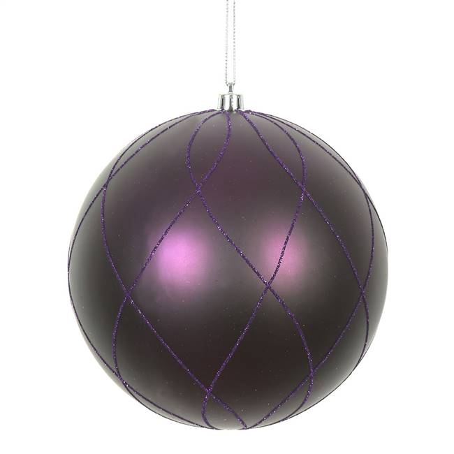 6" Plum Matt Glitter Swirl Ball 3/Bx