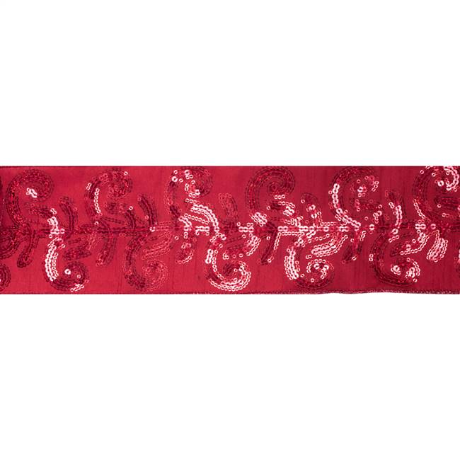 4" x 5Yd Red Sequin Leaf Red Dupion