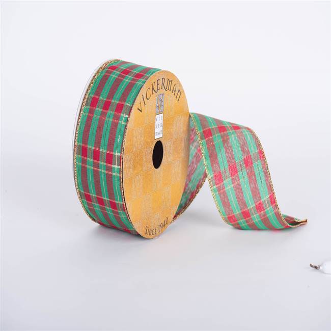 2.5" x 10yd Red Green Gold Plaid Wired