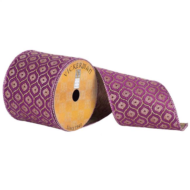 4" x 10yd Purple Gold Jacquard Flower