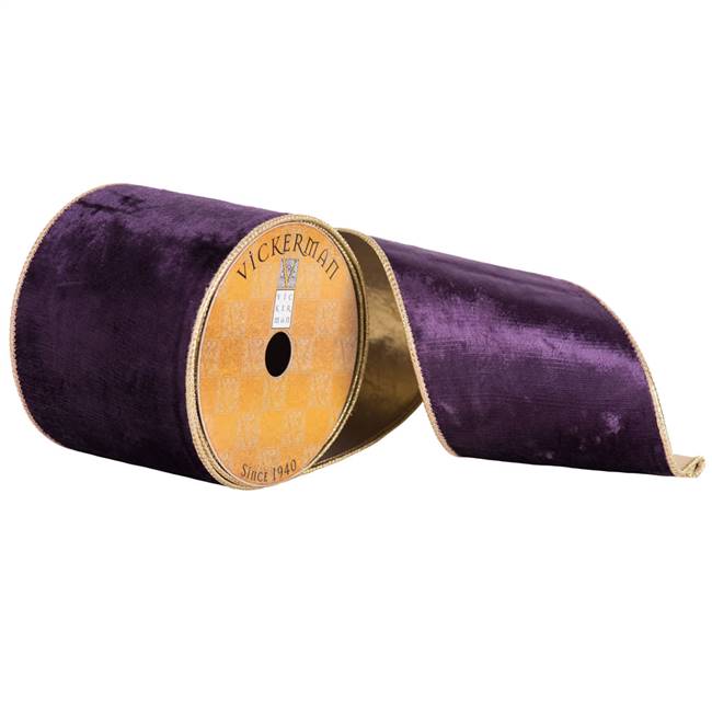 4" x 10yd Plum Plush Velvet Gold Edge