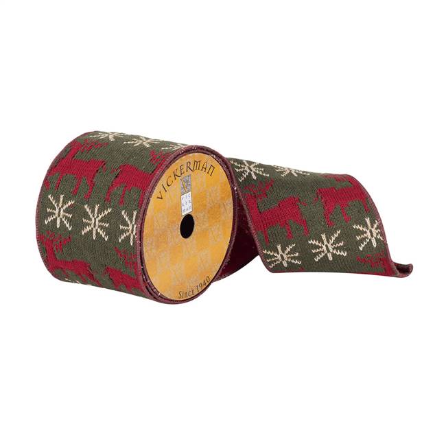 4"x10Yd Green Knit Dupion Red Deer Snow