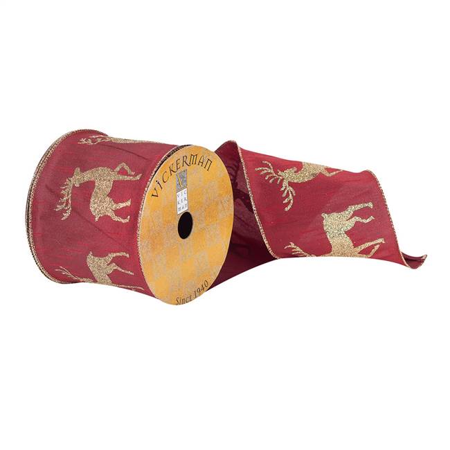 4"x10Yd Burgundy Dupion Gold Glittr Deer