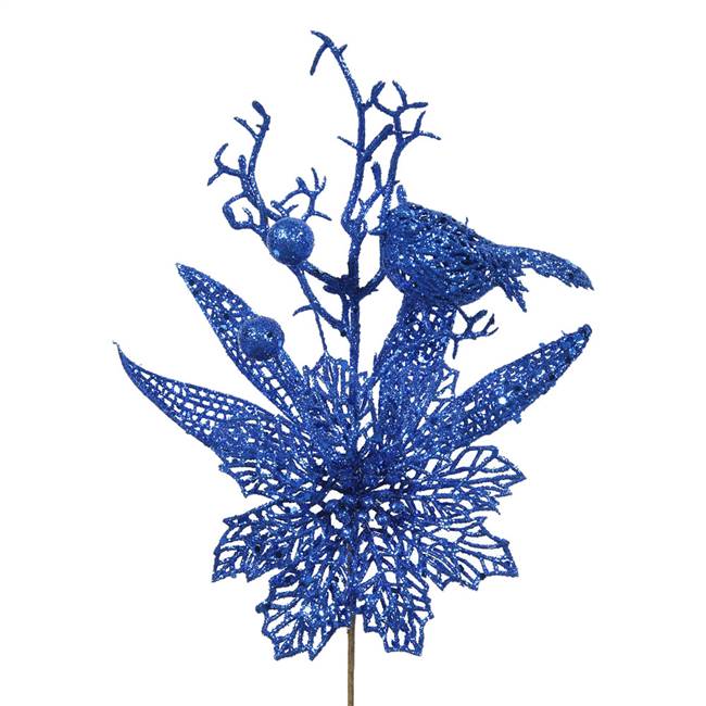 13" Blue Poinsettia-Bird Pick 12/Bag