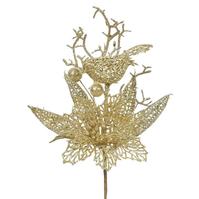 13" Gold Poinsettia-Bird Pick 12/Bag