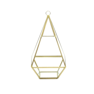 Geometric Glass Terrarium, Nonahedron Raised Tall Pyramid Shape, Rustic Gold Frame - Width: 5", Height: 9.5"