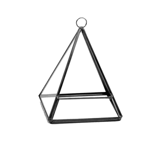 Geometric Glass Terrarium, Pentahedron Pyramid on Chain, Black Frame - Width: 4.45", Height: 5.5" (to the top of ring)