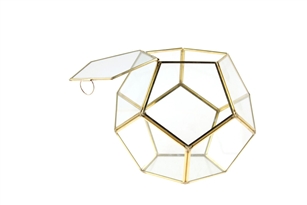 Geometric Glass Terrarium, Dodecahedron, Gold Frame, One of the Facet Opens - Width: 11", Height: 9"