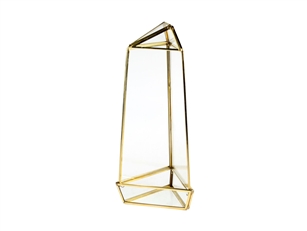 Geometric Glass Terrarium, Tall Triangular Oblisk, Gold Frame - Width Approx: 4", Height: 11"