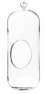 Clear Cylindrical Hanging Glass Terrarium/Candle Holder Has Holes. Width: 5". Height: 13". Open: 3"