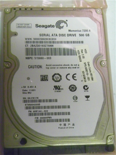 Seagate ST9500420AS P/N: 9HV144-022 FW:0006HPM1 WU 500GB 2.5" SATA Hard  Drive
