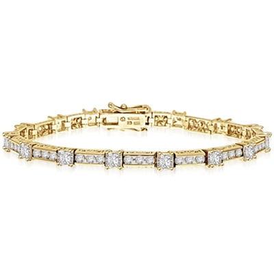 Beautiful Designer Bracelet, with Diamond Essence Princess cut masterpieces linked interestingly with cusp of round accent in ethnic looks. Appx. 7.0 Cts.T. W. in 14k Solid Yellow Gold.