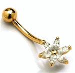 Diamond Essence 14K Solid Yellow Gold Belly Button Ring, with Marquise Cut Stone Flower, 1.0 Ct.T.W And Screw On Gold Ball.