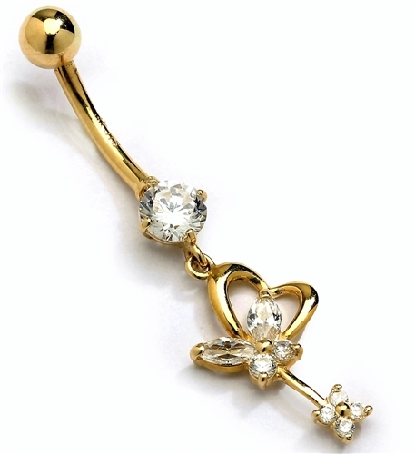 Diamond Essence 14K Solid Gold Belly Button Ring, with Round And Marquise Stones, 1.25 Cts.T.W. And Screw on Gold Ball