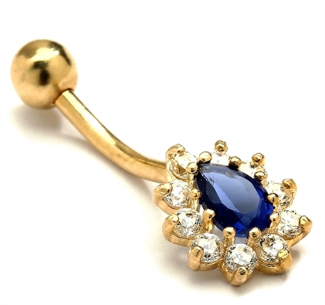 Diamond Essence 14K Solid Gold Belly Button with Sapphire Essence Pear Stone Surrounded By Brilliant Melee. 0.75 Ct.T.W. And Screw On Ball.