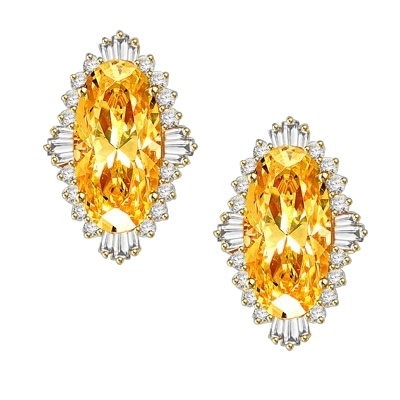 Diamond Essence Earrings in 14k Solid Yellow Gold with Diamond essence 9.0 cts. Canary  stone in the center and encircled by round stones and a large spray of baguettes on all four sides. Wear it with confidence. Appx. 21.0  cts. t.w.