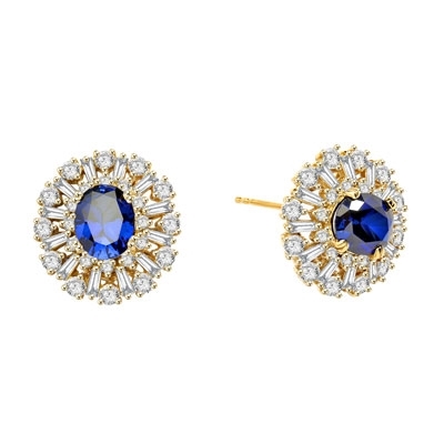 Diamond Essence Designer Earrings with 2.5 carat Oval Sapphire Essence in the center, surrounded by Diamond Essence round stones and baguettes. Appx. 9.0 cts.t.w. Just perfect for all occasions. In 14k Solid Yellow Gold.