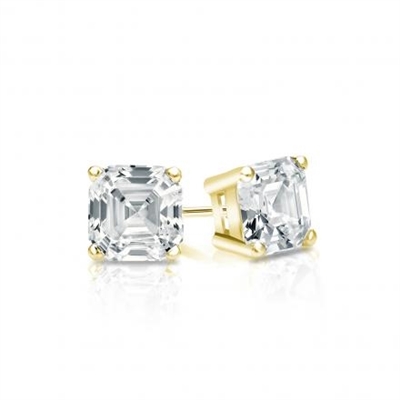 Prong Set Stud Earrings with Artificial Asscher Cut Diamond by Diamond Essence set in 14K Solid Yellow Gold 5 Cts.t.w.