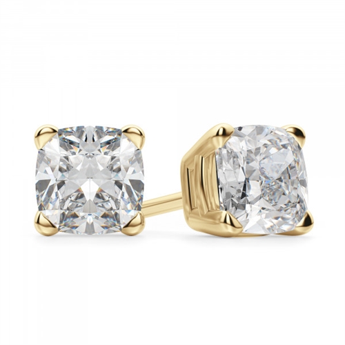 Prong Set Stud Earrings with Simulated Cushion Cut Diamond by Diamond Essence set in 14K Solid Yellow Gold 6 Cts.t.w.