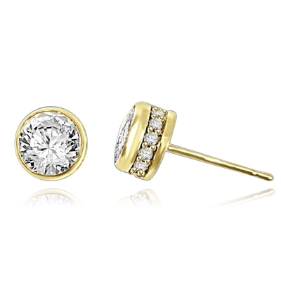 Traditional studs with a twist on the bezel set that shows small accents sideways too! Confess it...you always wanted this! 2.20 Cts. T.W. in 14k Solid Yellow Gold.