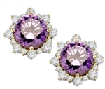 Designer Earrings with Round Amethyst Essence in center Surrounded by Round Brilliant Diamond Essence and Melee. 9.0 Cts. T.W. set in 14K solid Yellow Gold.