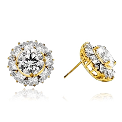 Designer Earrings With Round Brilliant Diamond essence in center surrounded by alternately set Princess  and melee. 14.5 Cts T.W. set in 14K Solid Yellow Gold.