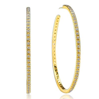 Sparkling Circle - 1.75 '' Extra large hoop earrings, Diamond Essence round melee set in 14K Solid Yellow Gold. 1.50 Cts. T. W.