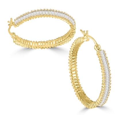 Diamond Essence Hoop earrings, covered with rich gleam of baguettes set in 14K Solid Gold. 11cts.t.w., 1 1/4" diameter.