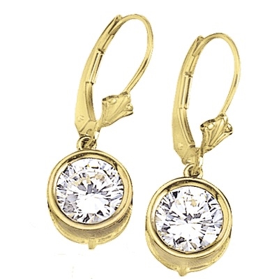 Diamond Essence round brilliant stone in bezel setting with leverback. 1.5 Cts. T.W. set in 14K Solid Yellow Gold.