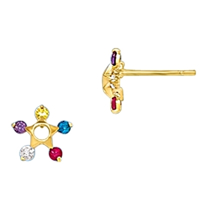 Prong Set Star Earring with Simulated Multi-Color Diamonds by Diamond Essence set in 14K Solid Yellow Gold