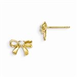 Bow Earrings with Round Brilliant Diamond Essence, 0.12 Cts. T.W. set in 14k Solid Yellow Gold, Perfect gift for little Princesses.